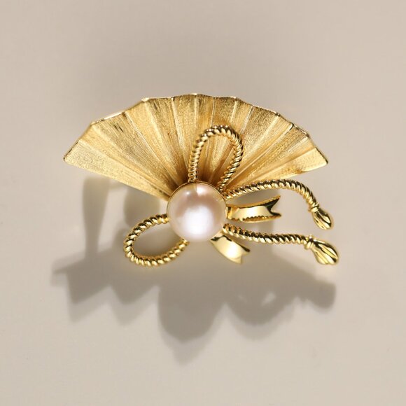 Vintage Gold Tone Folding Fan & Bow Brooch Pin - Picture 4 of 4